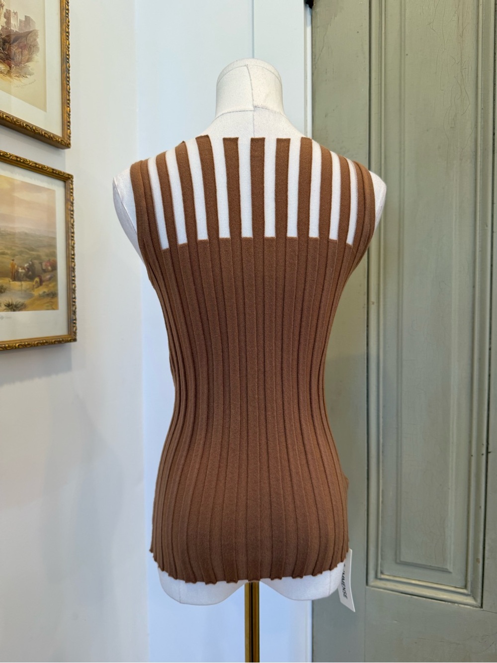 Sleeveless Brown Ribbed Knit Top with Sheer Stripe Mesh Lined Panels - Picture 3 of 5
